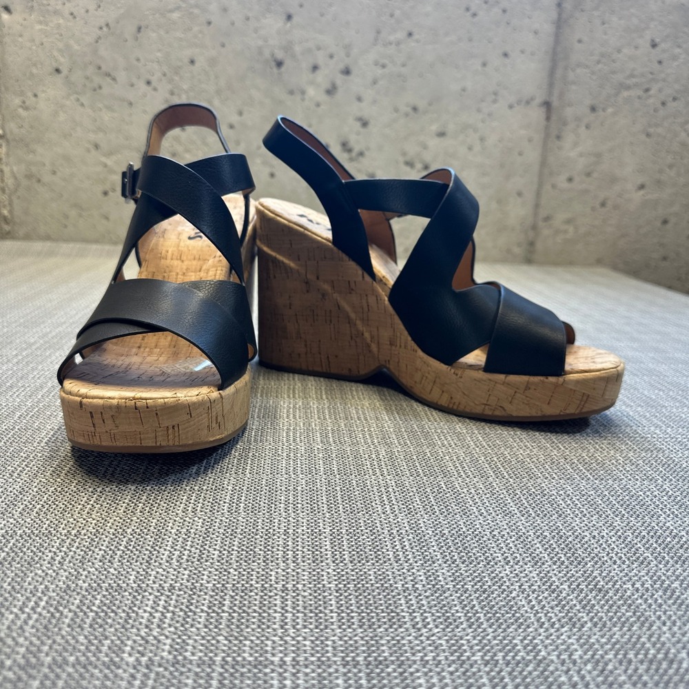 New Korks Brigitte Wedge Platform Sandals size 10 Black Faux Leather Ankle Strap